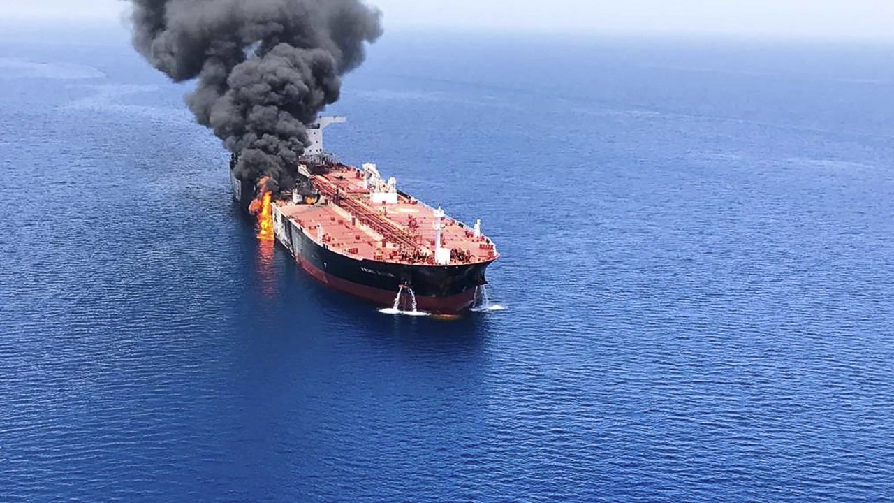 A tanker ablaze in the Gulf of Oman, in an unverified image supplied by an Iranian news agency.