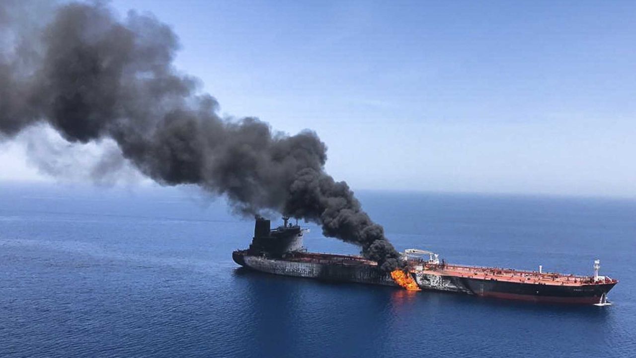 An oil tanker is on fire in the sea of Oman, Thursday, June 13, 2019. Two oil tankers near the strategic Strait of Hormuz were reportedly attacked on Thursday, an assault that left one ablaze and adrift as sailors were evacuated from both vessels and the U.S. Navy rushed to assist amid heightened tensions between Washington and Tehran. (AP Photo/ISNA)