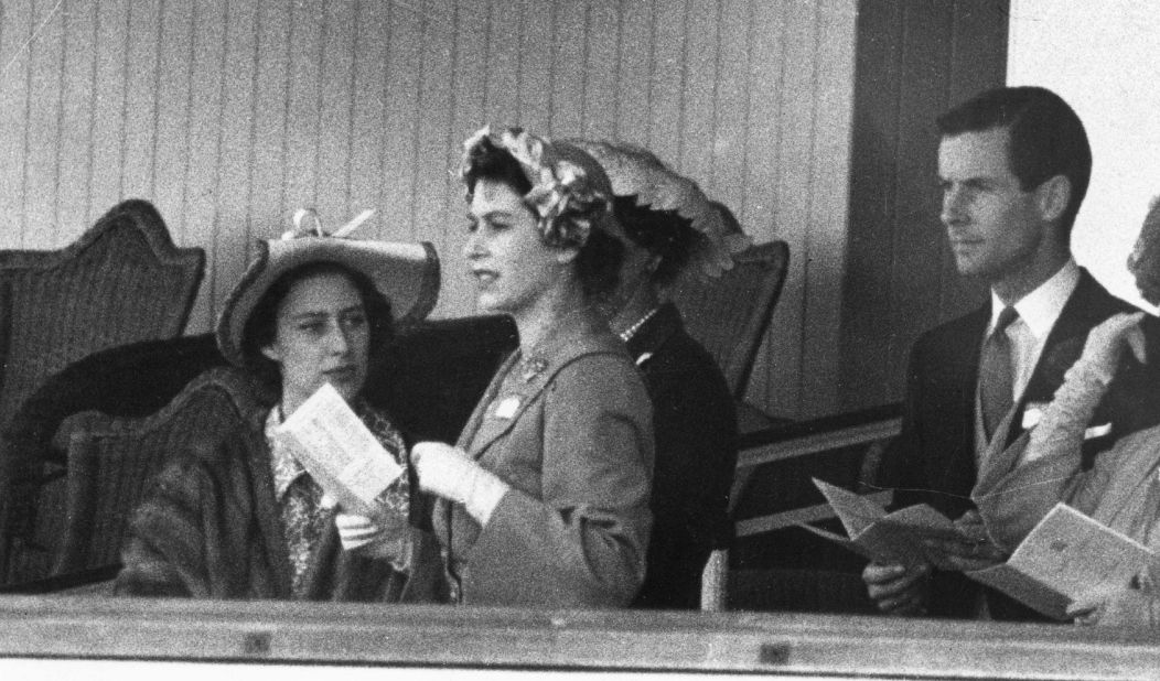 Princess Elizabeth (later Queen Elizabeth),  Princess Margaret and Group Captain Peter Townsend at Royal Ascot in 1951.