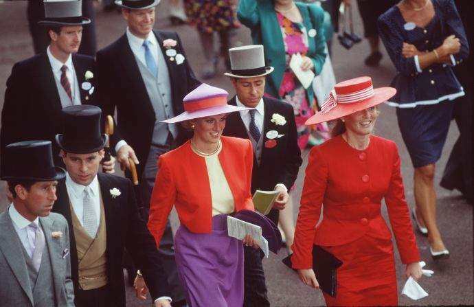 Princess Diana and Sarah, Duchess of York, with Prince Charles, Prince Andrew and Viscount Linley at Royal Ascot in 1990.