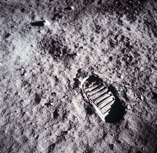 An astronaut's boot print on the lunar surface.