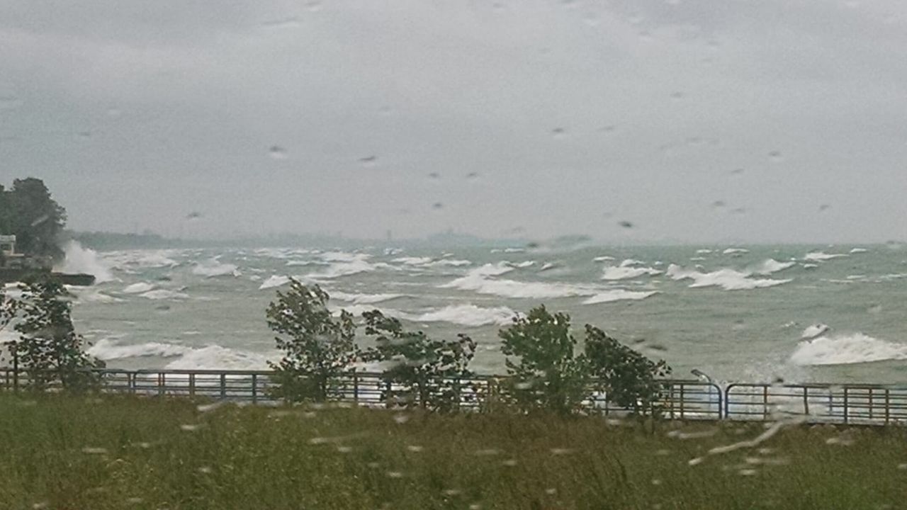 Waves crash into the shoreline at Portage, Indiana, on Lake Michigan.
