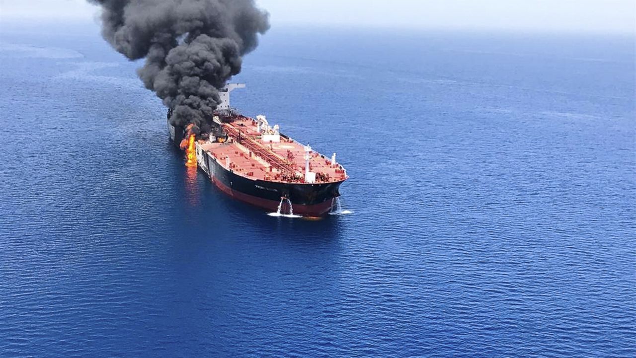 An oil tanker is on fire in the sea of Oman, Thursday, June 13, 2019. Two oil tankers near the strategic Strait of Hormuz were reportedly attacked on Thursday, an assault that left one ablaze and adrift as sailors were evacuated from both vessels and the U.S. Navy rushed to assist amid heightened tensions between Washington and Tehran. (AP Photo/ISNA)