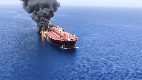 An oil tanker is on fire in the sea of Oman, Thursday, June 13, 2019. 
