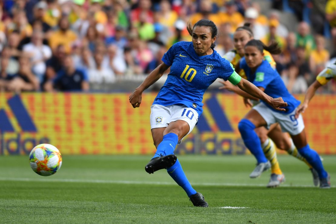Marta scores from the penalty spot to make Women's World Cup history. 