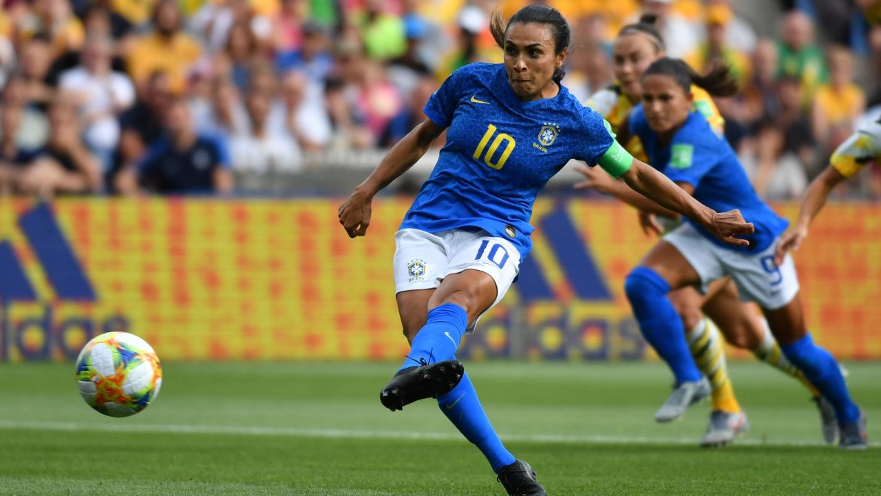 Marta scores from the penalty spot to make Women's World Cup history.