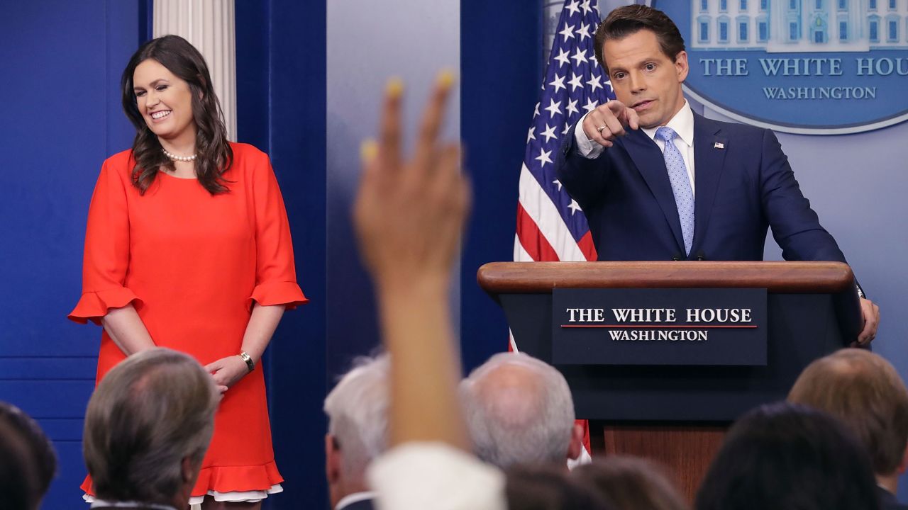 Sanders and Anthony Scaramucci conduct the daily White House press briefing in the Brady Press Briefing Room at the White House on Friday, July 21, 2017. White House Press Secretary Sean Spicer quit after it was announced that Trump hired Scaramucci, a Wall Street financier and longtime supporter, to the position of White House communications director. 