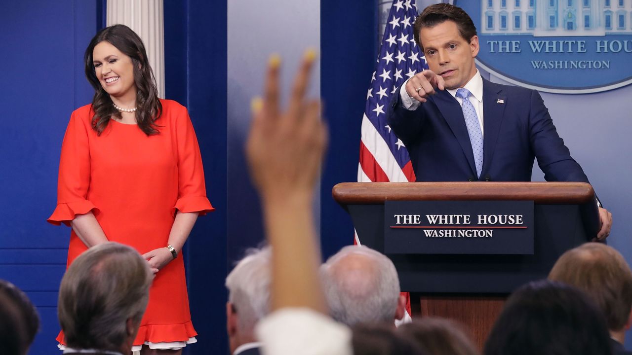 Sanders and Anthony Scaramucci conduct the daily White House press briefing in the Brady Press Briefing Room at the White House on Friday, July 21, 2017. White House Press Secretary Sean Spicer quit after it was announced that Trump hired Scaramucci, a Wall Street financier and longtime supporter, to the position of White House communications director.