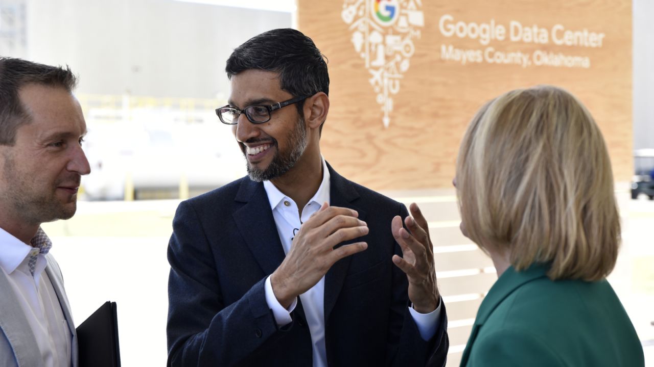 Google CEO Sundar Pichai (C) speaks with guests during an event the Mayes County Google Data Center in Pryor, Oklahoma, June 13, 2019. Nick Oxford for CNN