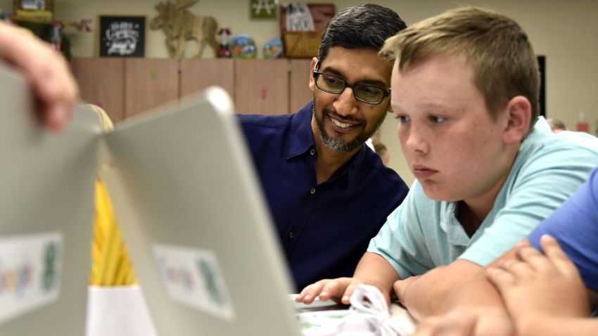 Google CEO Sundar Pichai looks at coding projects designed by 4H students at Roosevelt Elementary in Pryor, Oklahoma, June 13, 2019. Nick Oxford for CNN