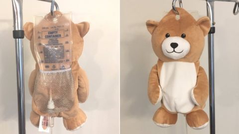 Medi Teddy is designed to conceal a bag of IV fluid, medication, or blood product from the patient.