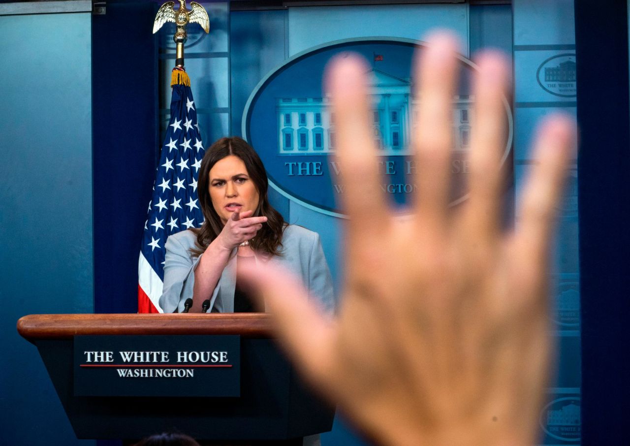 Sanders fields questions at a daily briefing at the White House in Washington on Wednesday, March 7, 2018. 