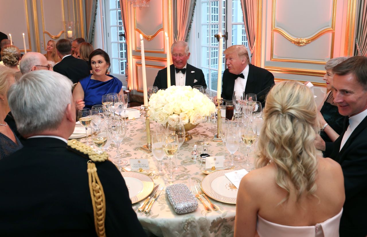 Press Secretary Sarah Sanders attends a dinner hosted by President Donald Trump and first lady Melania Trump at Winfield House for Prince Charles, Prince of Wales, and Camilla, Duchess of Cornwall, during the state visit on Tuesday, June 4, in London, England.