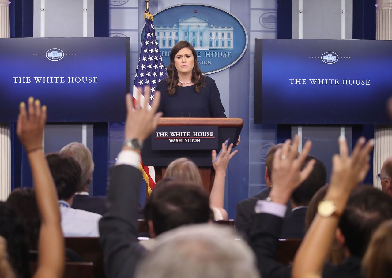 White House Press Secretary Sarah Huckabee Sanders speaks to the media during the daily press briefing at the White House on Wednesday, July 26, 2017, in Washington.