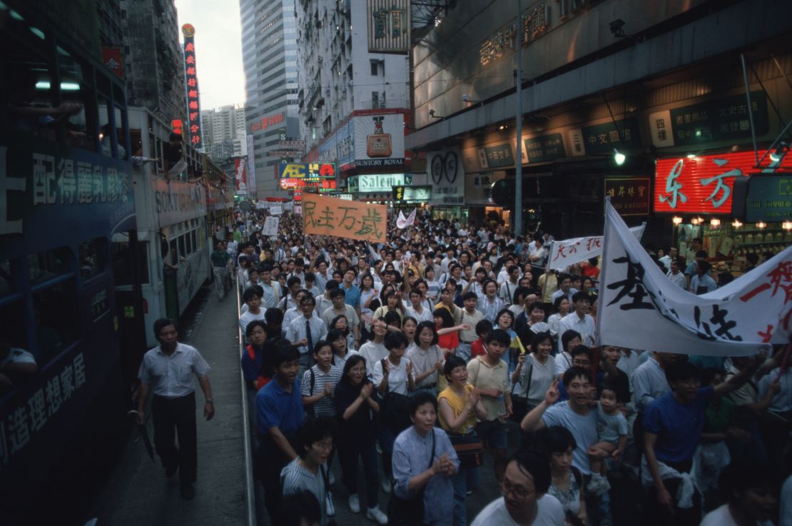 A pro-democracy demonstration in Victoria Park in Causeway Bay, Hong Kong, to show solidarity with victims of the massacre on Tiananmen Square in Beijing in 1989.
