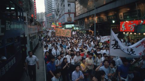 A pro-democracy demonstration in Victoria Park in Causeway Bay, Hong Kong, to show solidarity with victims of the massacre on Tiananmen Square in Beijing in 1989.