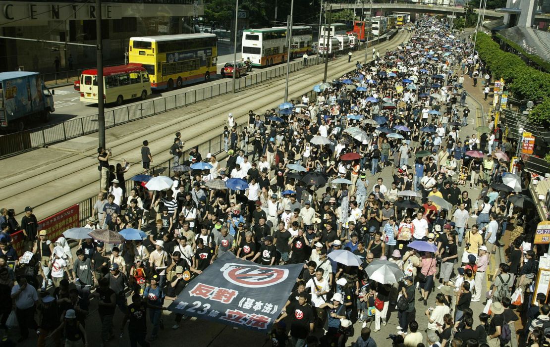 A huge protest  against a controversial anti-subversion law, known as Article 23, in July 2003.