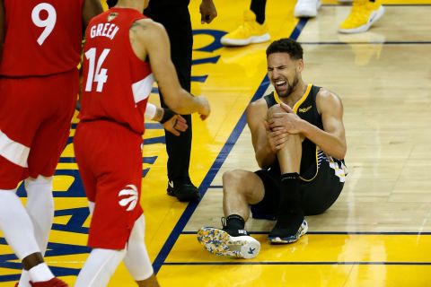 Golden State guard Klay Thompson fell awkwardly in the third quarter and twisted his knee. He shot two free throws after the play and then went to the locker room. He did not return to the game after that.