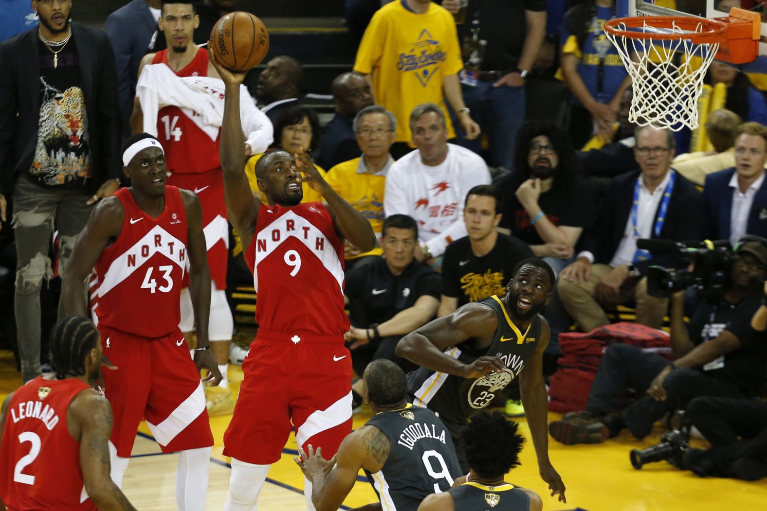 Toronto center Serge Ibaka takes a shot.