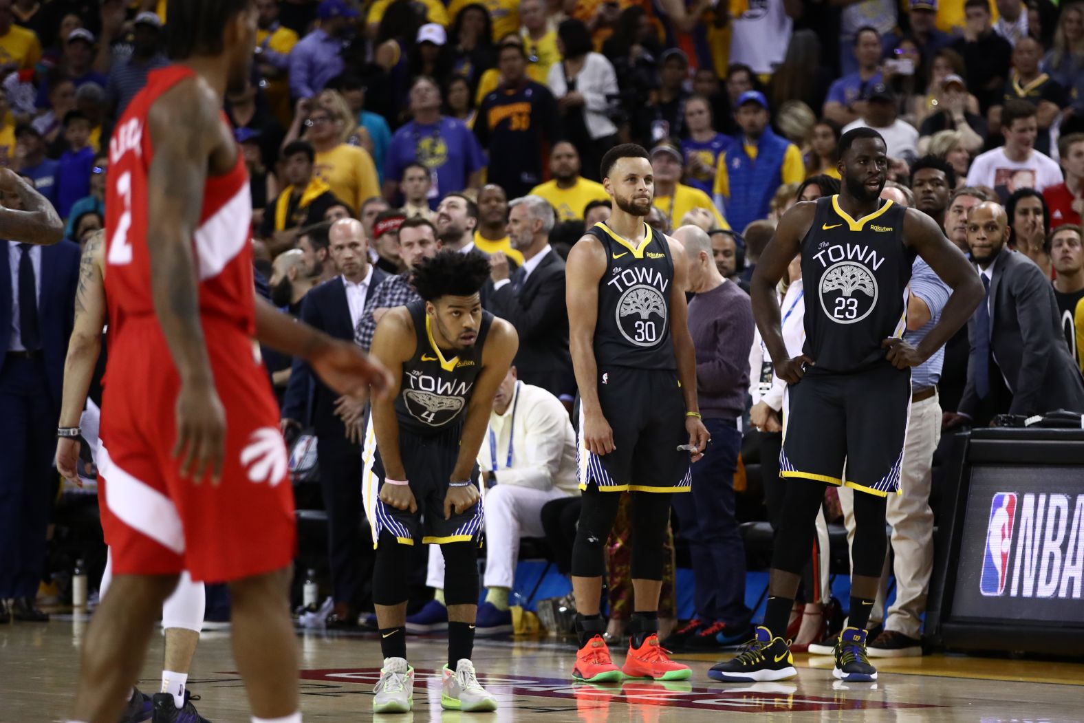 Golden State players react as they realize their reign is over late in Game 6. This was the fifth straight season that the Warriors played in the NBA Finals.