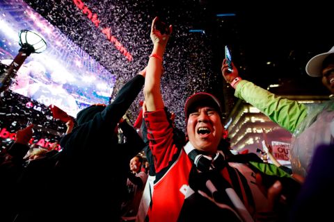 Raptors fans celebrate during a viewing party outside Toronto's Scotiabank Arena.
