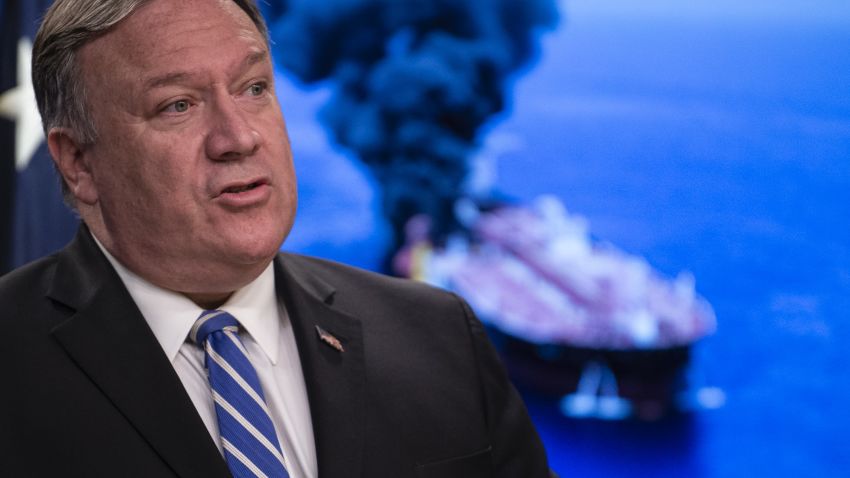 US Secretary of State Mike Pompeo delivers remarks to the media at the State Department in Washington, DC on June 13, 2019. - US Secretary of State Mike Pompeo accused Iran of being behind attacks on two tanks in the Gulf of Oman Thursday, and said it was taking the case to the UN Security Council."It is the assessment of the United States that the Islamic Republic of Iran is responsible for the attacks," Pompeo told reporters. (Photo by Eric BARADAT / AFP)        (Photo credit should read ERIC BARADAT/AFP/Getty Images)