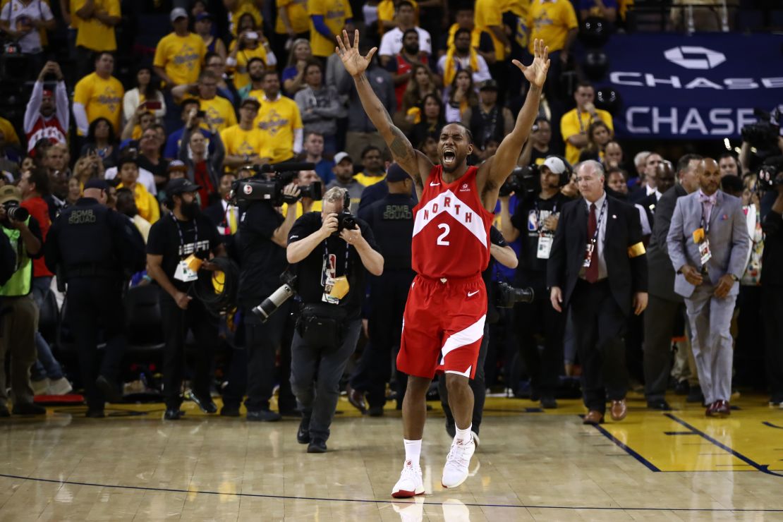 Kawhi Leonard celebrates his teams win over the Golden State Warriors in Game Six.