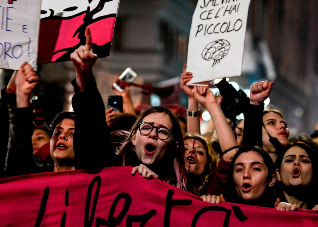 Women from the feminist movement "Non Una Meno" (Not One Less) protest in Rome on March 8, 2019, to mark International Women's Day, over numerous causes including male violence against women, gender discrimination, and harassment in the workplace. 