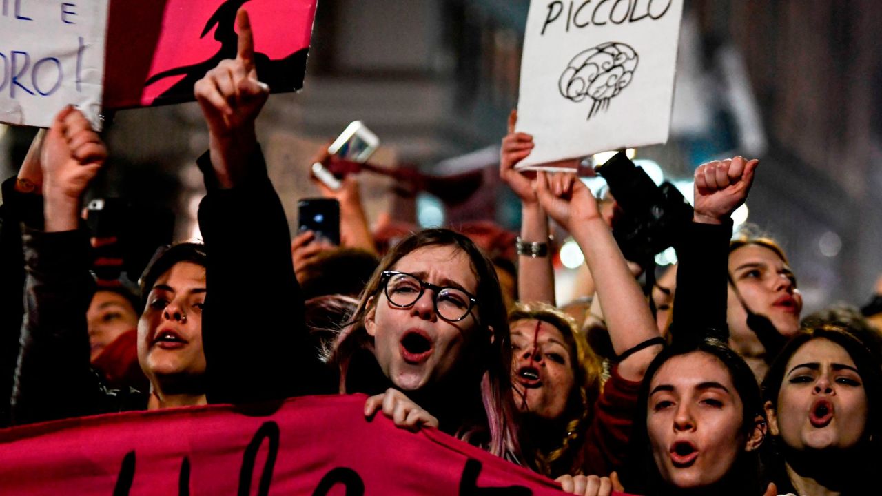 Women from the feminist movement "Non Una Meno" (Not One Less) protest in Rome on March 8, 2019, to mark International Women's Day, over numerous causes including male violence against women, gender discrimination, and harassment in the workplace.
