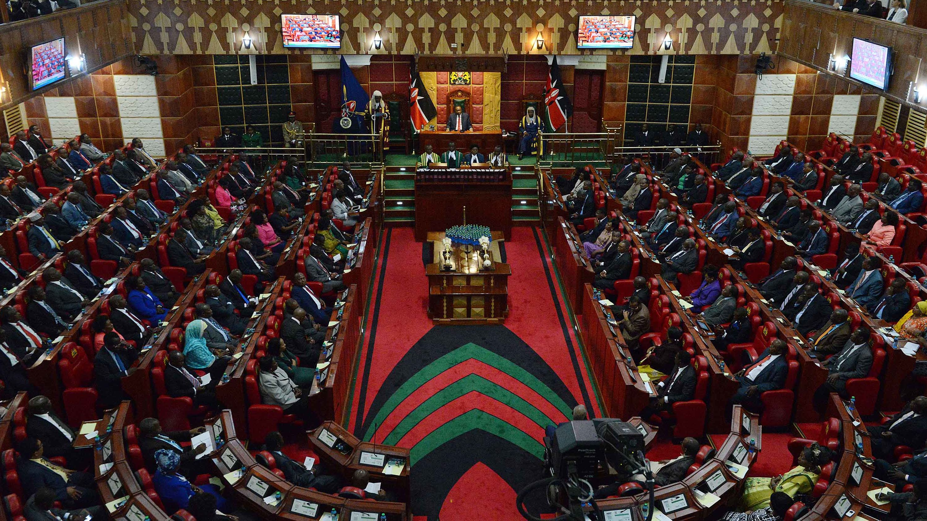A general view taken on March 26, 2015 in Nairobi shows the Kenyan parliament, as President Uhuru Kenyatta addresses two Houses the Senate and the National Assembly. 