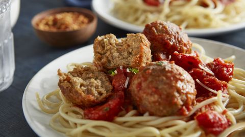 Beyond Meat's new "ground beef" in spaghetti and meatballs.