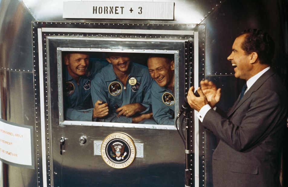 President Nixon spends time with the astronauts, who were in a quarantine trailer for their first few days back on Earth. From left are Armstrong, Collins and Aldrin. Since Apollo 11, only 10 other men have walked on the moon. The last was in 1972.