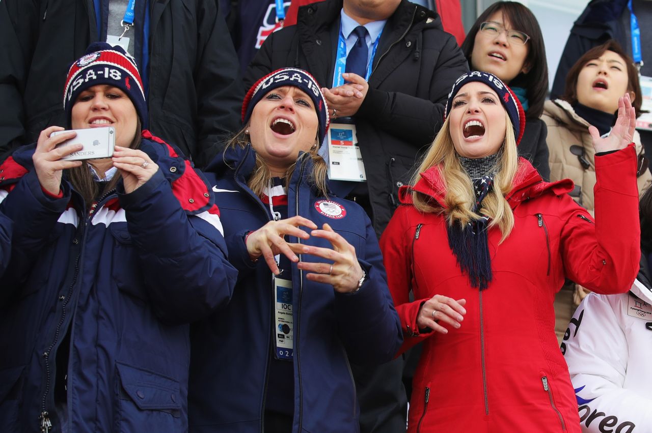 Sanders, International Olympic Committee executive board member Angela Ruggiero and Ivanka Trump attend the Snowboard - Men's Big Air Final on day 15 of the PyeongChang 2018 Winter Olympic Games on Saturday, February 24, 2018, in Pyeongchang-gun, South Korea.