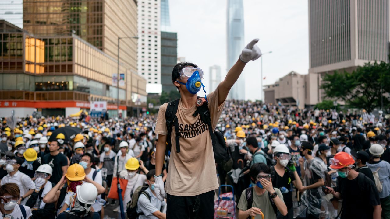 A protester makes a gesture during a protest on June 12, 2019 in Hong Kong China.