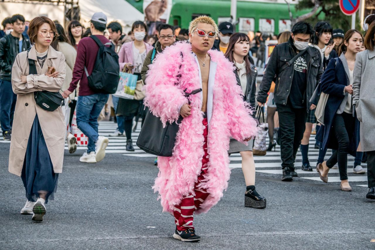 <strong>All the colors: </strong>One of Shibuya's colorful characters sports a feathery, cherry blossom pink coat.
