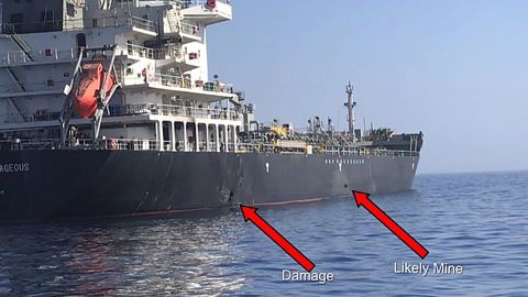 An image released by US Central Command purports to show damage from an explosion (L) and a mine (R) on the Kokuka Courageous in the Gulf of Oman Thursday.