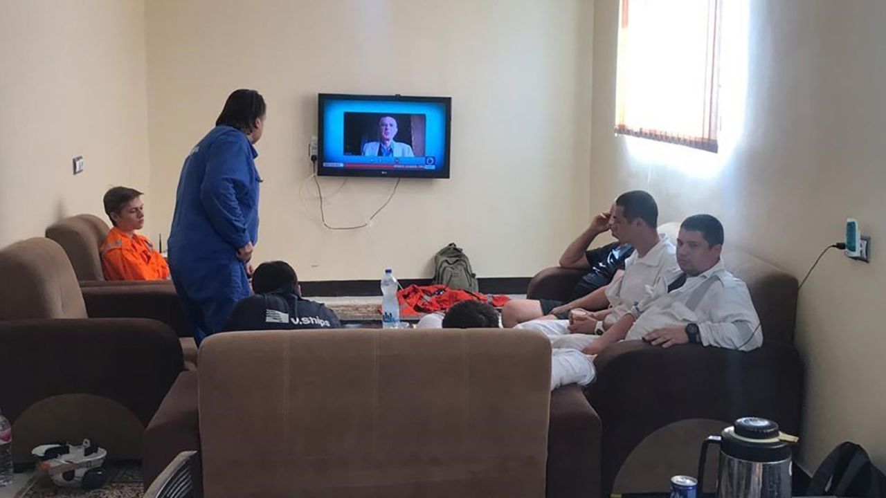 A photo from Iranian news agency Tasnim described as showing some of the crew rescued from tankers targeted in the suspected attacks.