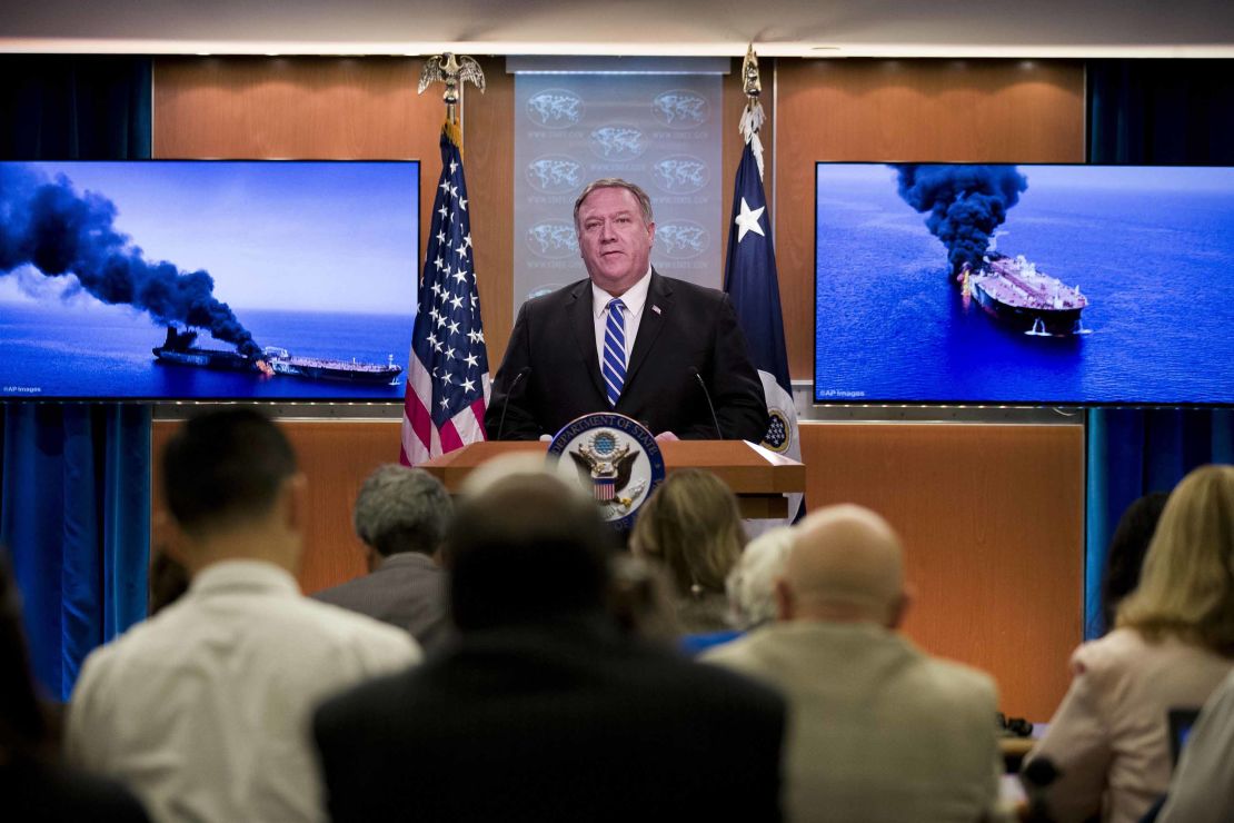 US Secretary of State Mike Pompeo speaks about the tanker attacks at the State Department on  Thursday.