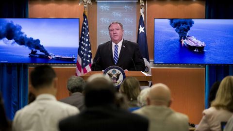 US Secretary of State Mike Pompeo speaks about the tanker attacks at the State Department on  Thursday.