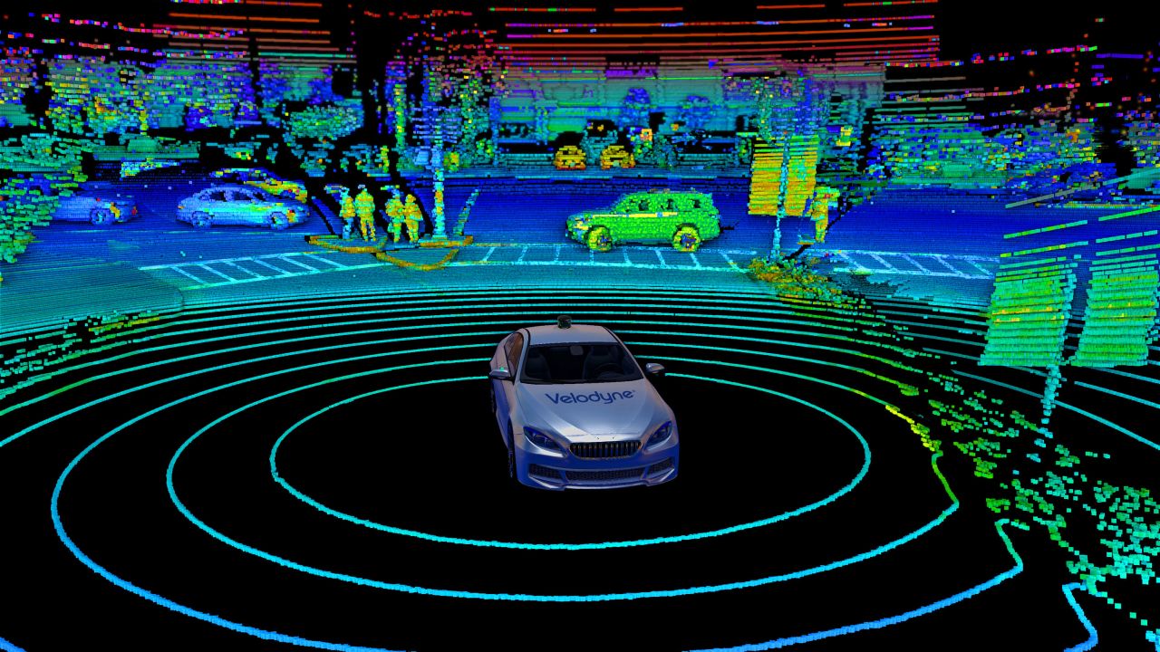 This point cloud shows where lidar pulses reflected off nearby objects, helping a car to understand its surroundings.