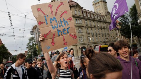 Women in the Swiss capital of Bern strike for equal rights during a nationwide protest on Friday. 
 