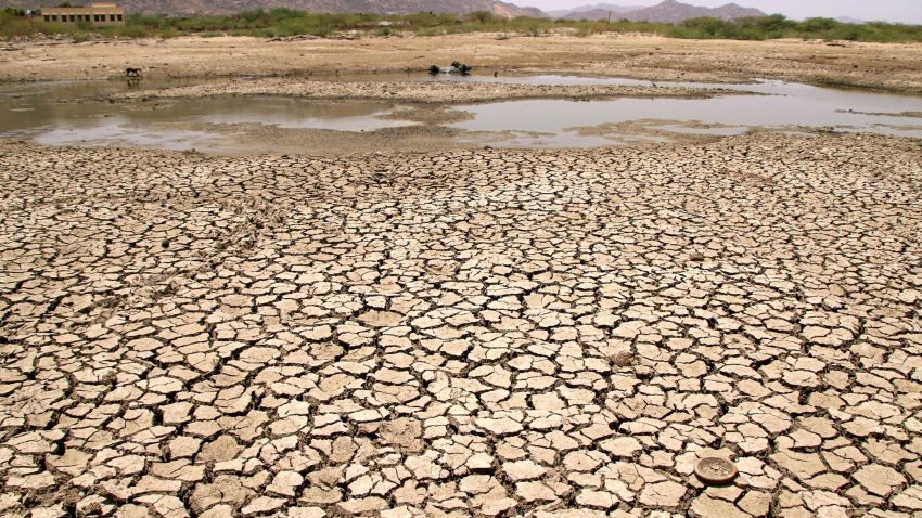 TOPSHOT - A general view of a lake running dry on a hot summer day near Ajmer on June 2, 2019. - Temperatures passed 50 degrees Celsius (122 Fahrenheit) in northern India as an unrelenting heatwave triggered warnings of water shortages and heatstroke. (Photo by Himanshu SHARMA / AFP)        (Photo credit should read HIMANSHU SHARMA/AFP/Getty Images)