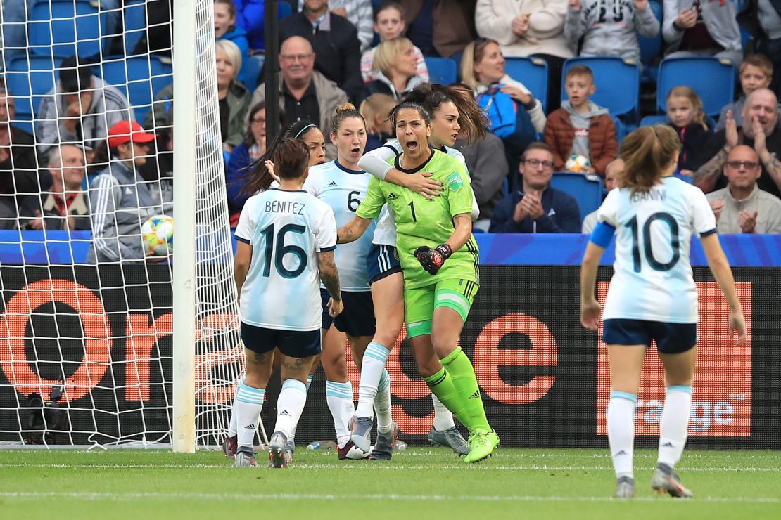 Vanina Correa (green) saved a penalty in Argentina's 1-0 loss to England at the World Cup. 
