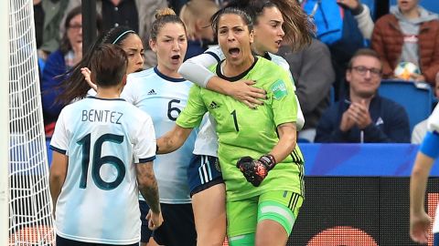 Vanina Correa (green) saved a penalty in Argentina's 1-0 loss to England at the World Cup. 