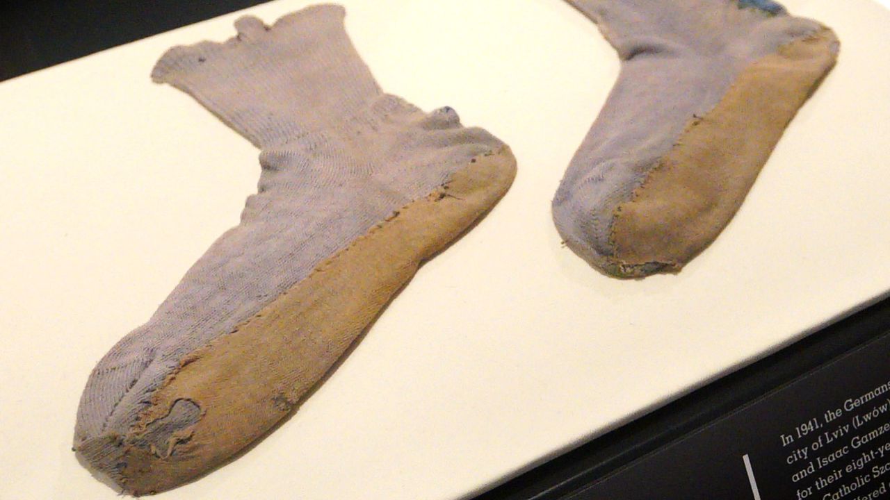 Barbara Gamzer sewed padding onto the bottom of these socks to muffle her child's footsteps while in hiding.