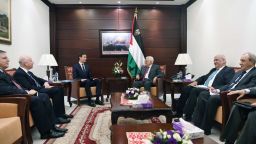 RAMALLAH, WEST BANK - JUNE 21:  In this handout image provided by the Palestinian Press Office (PPO), Palestinian President Mahmoud Abbas (R) meets with Jared Kushner, Senior Advisor to U.S. President Donald Trump, on June 21, 2017 in Ramallah, West Bank. Kushner is in the Middle East to broker Israeli-Palestinian peace talks. (Photo by Thaer Ghanaim/PPO via Getty Images)