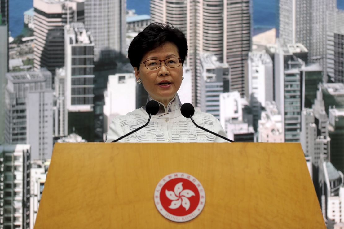 Hong Kong's Chief Executive Carrie Lam speaks at a press conference in Hong Kong Saturday, June 15, 2019.