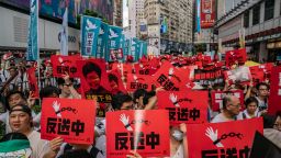 HONG KONG - JUNE 09:  Protesters hold placards and shout slogans during a rally against a controversial extradition law proposal on June 9, 2019 in Hong Kong. Organizers say more than a million protesters marched in Hong Kong on Sunday against a bill that would allow suspected criminals to be sent to mainland China for trial as tensions have escalated in recent weeks.  (Photo by Anthony Kwan/Getty Images)
