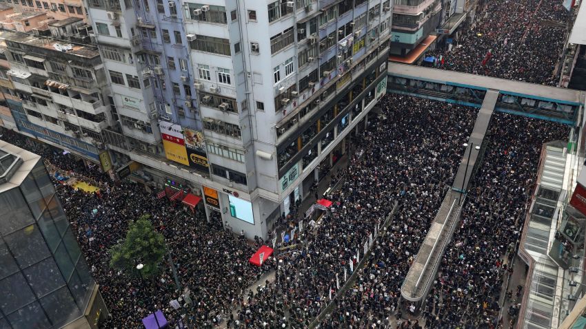 Thousands of protesters dressed in black take part in a new rally against a controversial extradition law proposal in Hong Kong on June 16, 2019. - Tens of thousands of people rallied in central Hong Kong on June 16 as public anger seethed following unprecedented clashes between protesters and police over an extradition law, despite a climbdown by the city's embattled leader. (Photo by Dale DE LA REY / AFP) (Photo credit should read DALE DE LA REY/AFP/Getty Images)