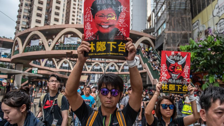 HONG KONG - JUNE 16: Protesters demonstrate against the now-suspended extradition bill on June 16, 2019 in Hong Kong. Large numbers of protesters rallied on Sunday despite an announcement yesterday by Hong Kong's Chief Executive Carrie Lam that the controversial extradition bill will be suspended indefinitely. (Photo by Carl Court/Getty Images)